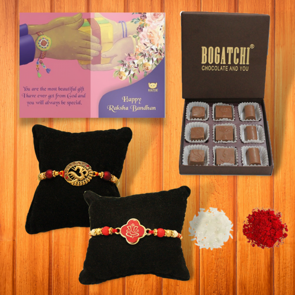BOGATCHI 9 Chocolate Box 2 Rakhi Roli Chawal and Greeting Card B | Rakhi Special Chocolates | Rakhi Gift for Sister 